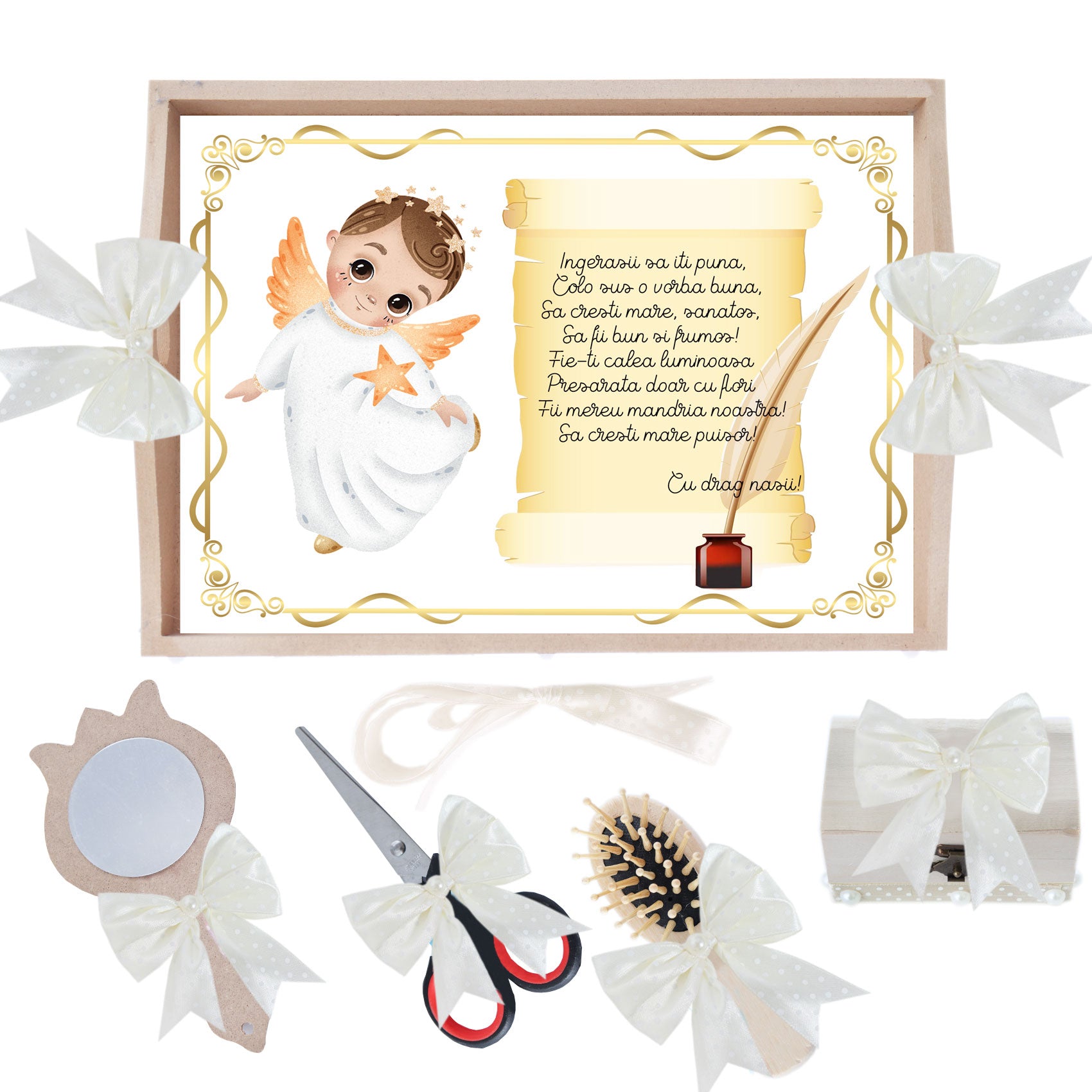 Set tava pentru taiere mot la baieti, model cu Ingeras ivoire, 6 piese, 35x20 cm, Recostore®, REC1967/295