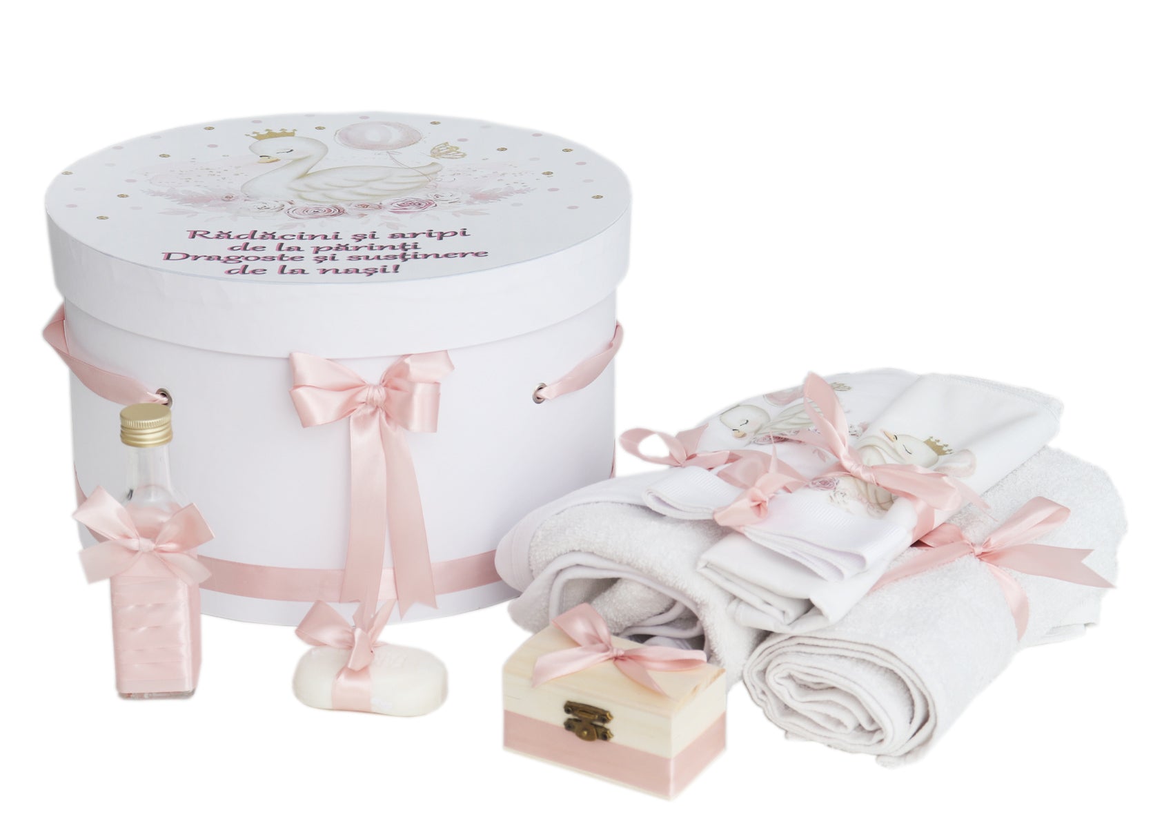 Trusou pentru botez de fete, Model cu Lebada, roz pudrat, 8 piese, Recostore®, REC2624