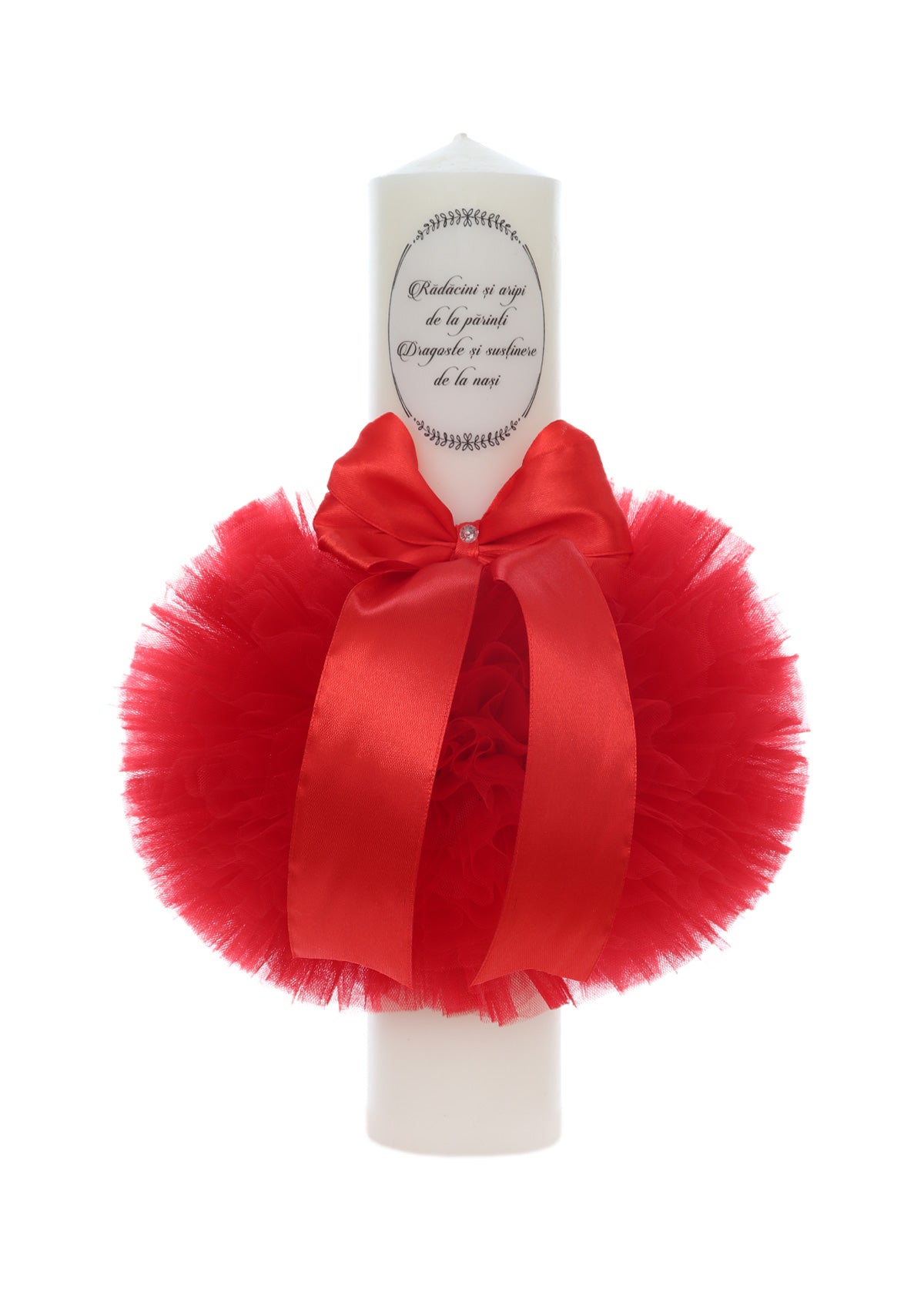 Lumanare botez, model "Radacini si aripi de la parinti, Dragoste si sustinere de la nasi", 35x7 cm, Rosu, REC5001/10