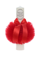 Lumanare botez, model "Radacini si aripi de la parinti, Dragoste si sustinere de la nasi", 35x7 cm, Rosu, REC5001/10