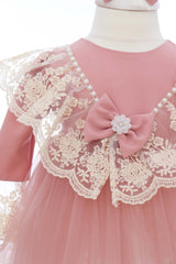 Rochie roz pudrat, pentru botez, 2 piese, rochie si bentita, RE3063