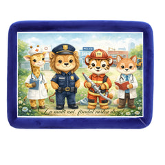 Tava mot baieti, aniversare 1 an, model Animalute cu meserii, catifea albastru, 10 piese, 34x25 cm, REC5011/46
