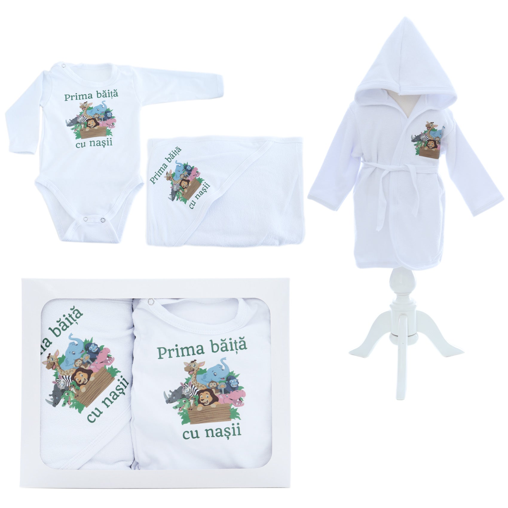 Set pentru prima baita cu nasii, halat, prosop si body, Safari, REC2547