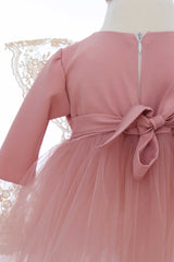 Rochie roz pudrat, pentru botez, 2 piese, rochie si bentita, RE3063
