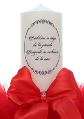 Lumanare botez, model "Radacini si aripi de la parinti, Dragoste si sustinere de la nasi", 35x7 cm, Rosu, REC5001/10