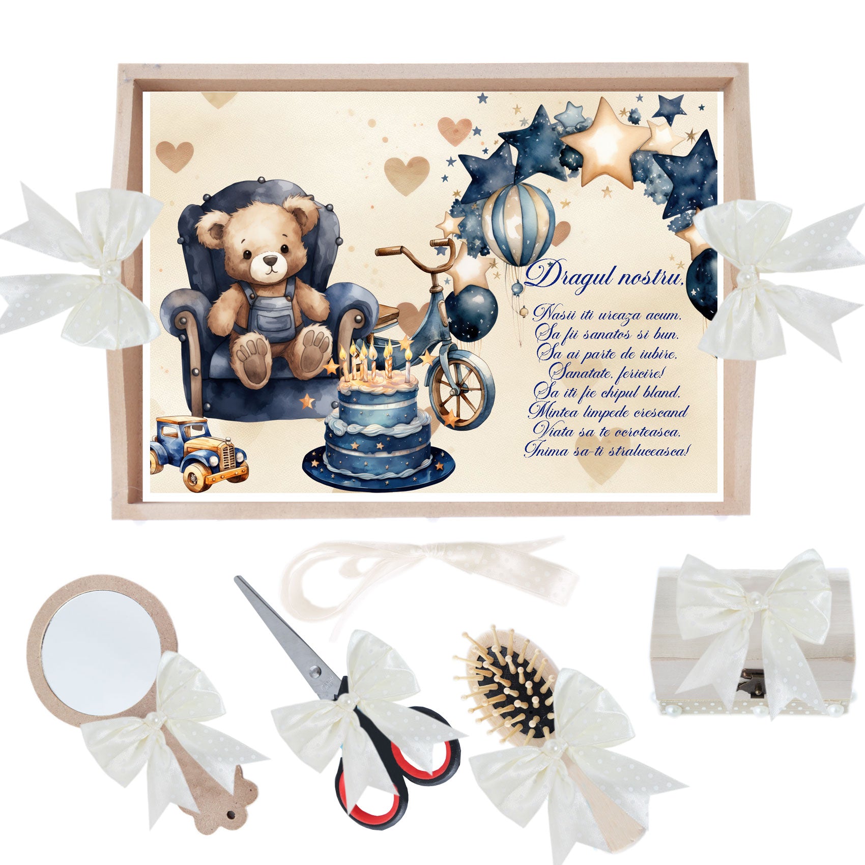 Set tava pentru taiere mot la baieti, model Ursulet, ivoire, 6 piese, 35x20 cm, Recostore®, REC1967/299