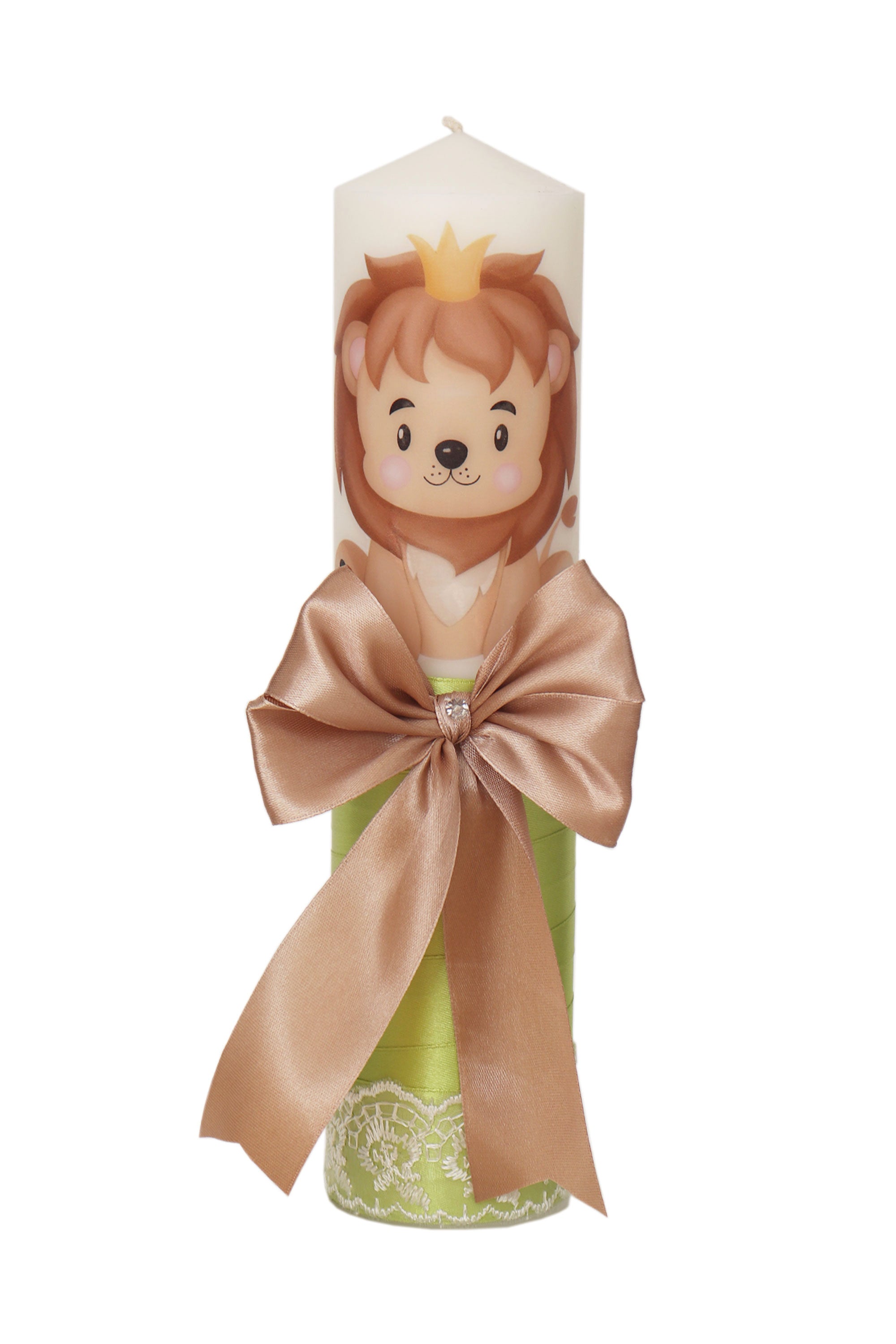 Lumanare botez baieti, model cu Leu, 30x7 cm, Verde olive-bej, Recostore®, REC5002/16