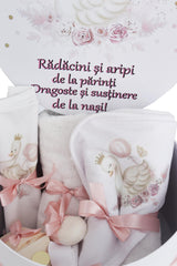 Trusou pentru botez de fete, Model cu Lebada, roz pudrat, 8 piese, Recostore®, REC2624