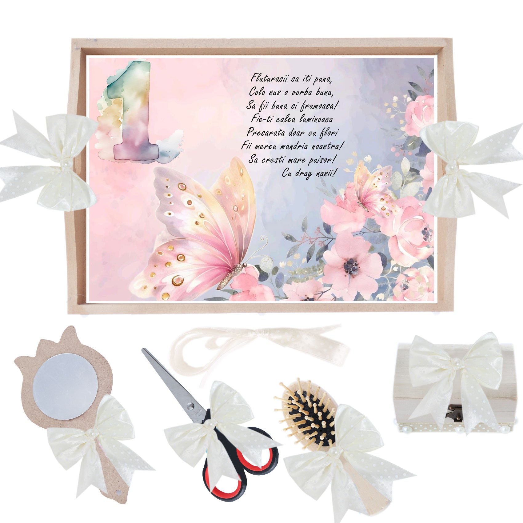 Set tava pentru taiere mot, model cu fluturi, ivoire, 6 piese, 35x20 cm, Recostore®, REC1967/303