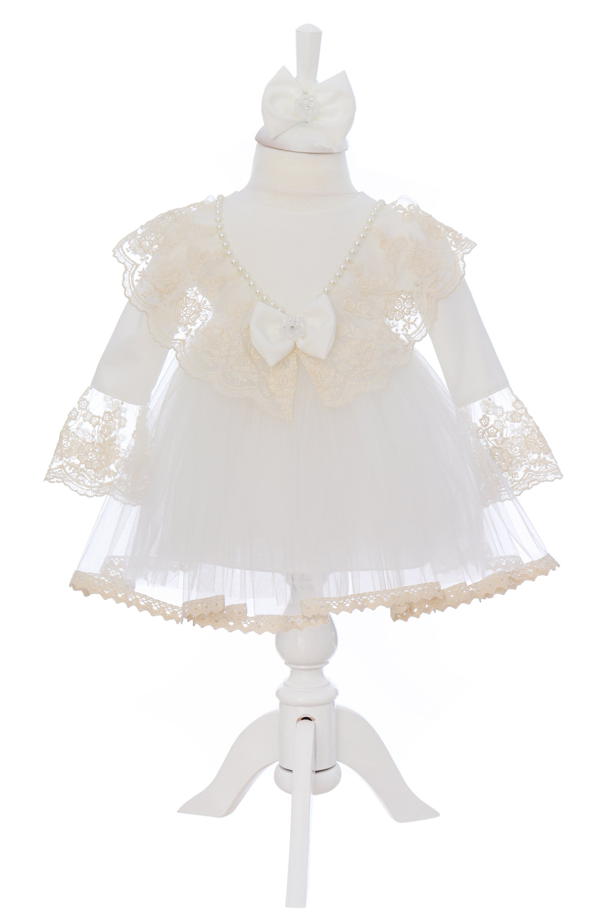 Rochie alba, pentru botez, 2 piese, rochie si bentita, RE3064