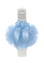 Lumanare botez, model "Radacini si aripi de la parinti, Dragoste si sustinere de la nasi", 35x7 cm, bleu, REC5001/11