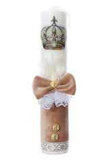 Set botez baieti coroana de print, culoare crem, costum, trusou si lumanare, REC3175