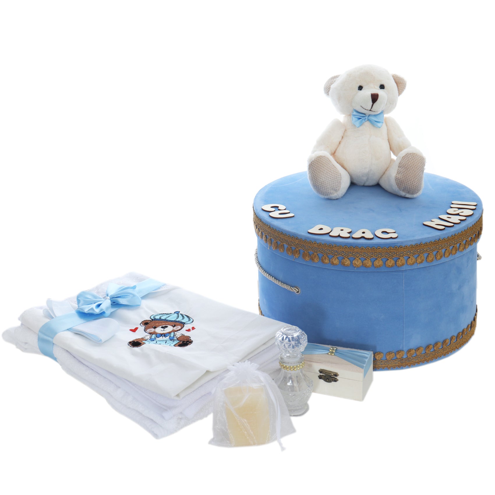 Trusou botez baieti 9 piese, Model Ursulet, bleu, Recostore®, REC3013