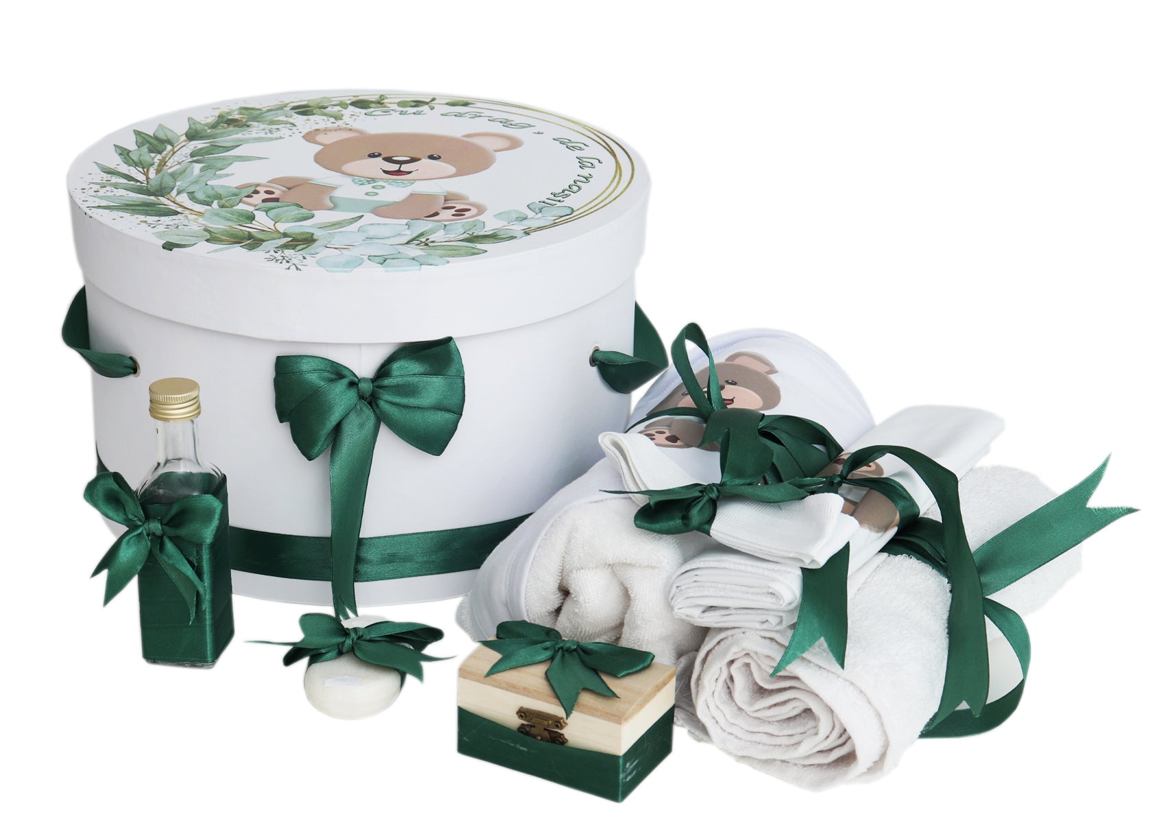 Trusou pentru botez de baieti, Model cu Ursulet, verde inchis, 8 piese, Recostore®, REC2625