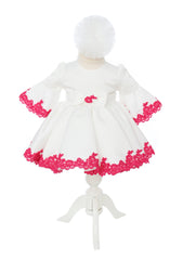 Rochita alba cu maneci tip clopot si dantela ciclame pentru botez de fete, 2 piese, Recostore®, REC2523