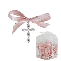 Set 20 marturii, cruciulite biserica din metal cu bolduri si cutiuta, funda roz pudrat, REC1968/45