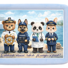 Tava mot baieti, aniversare 1 an, model Animalute cu meserii, catifea bleu, 10 piese, 34x25 cm, REC5011/47