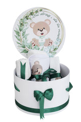 Trusou pentru botez de baieti, Model cu Ursulet, verde inchis, 8 piese, Recostore®, REC2625