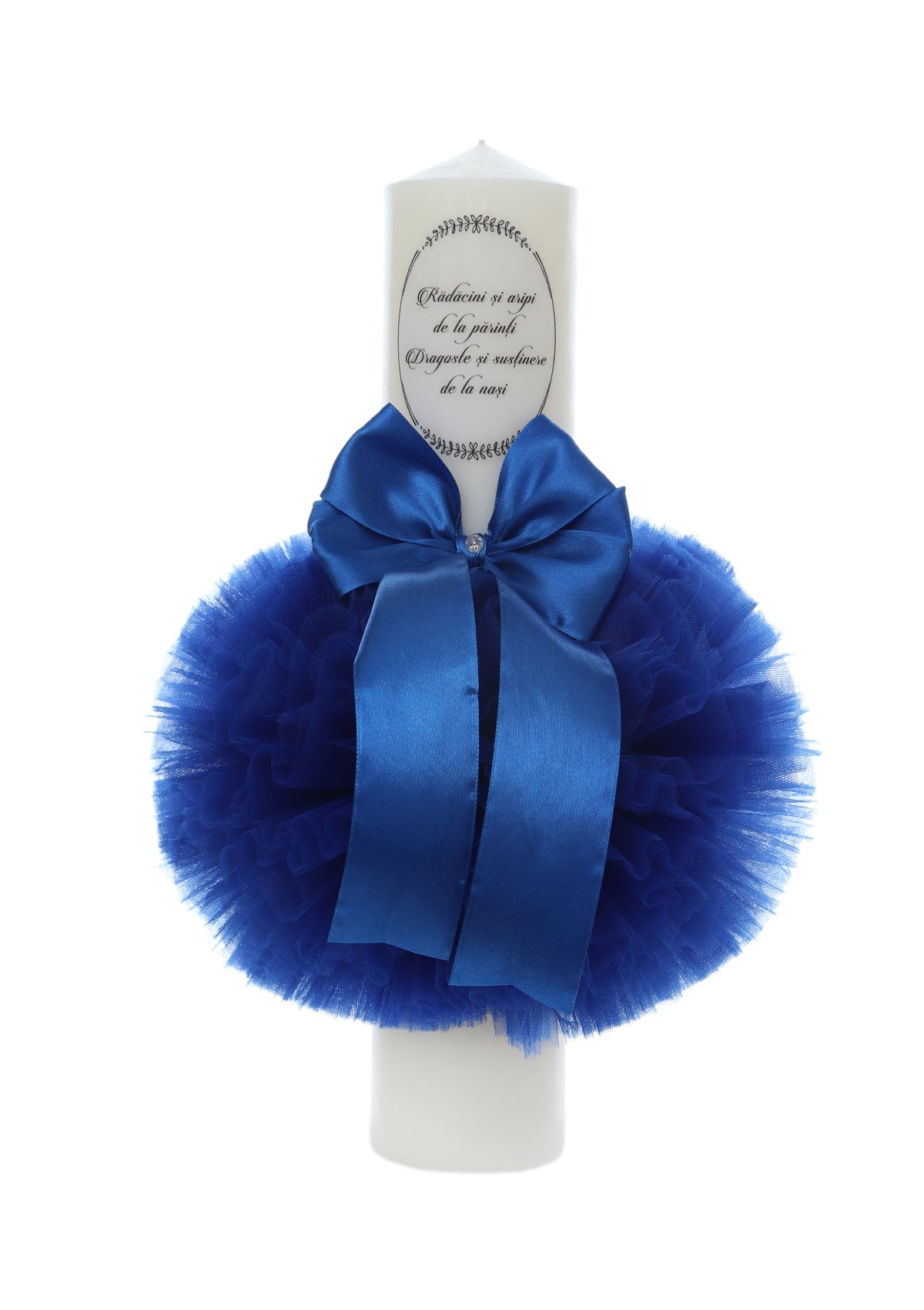 Lumanare botez, model "Radacini si aripi de la parinti, Dragoste si sustinere de la nasi", 35x7 cm, albastru electric, REC5001/12