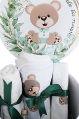 Trusou pentru botez de baieti, Model cu Ursulet, verde inchis, 8 piese, Recostore®, REC2625