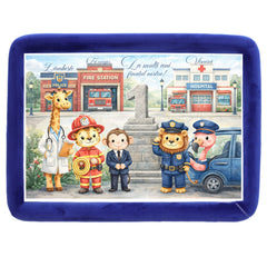 Tava mot baieti, aniversare 1 an, model Animalute cu meserii, catifea albastru, 10 piese, 34x25 cm, REC5011/48