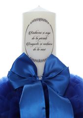 Lumanare botez, model "Radacini si aripi de la parinti, Dragoste si sustinere de la nasi", 35x7 cm, albastru electric, REC5001/12