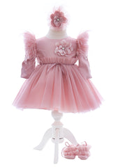 Trusou complet pentru botez de fete, trusou, lumanare, rochita cu bentita si pantofiori, roz pudrat, 12 piese, Recostore®, REC2683