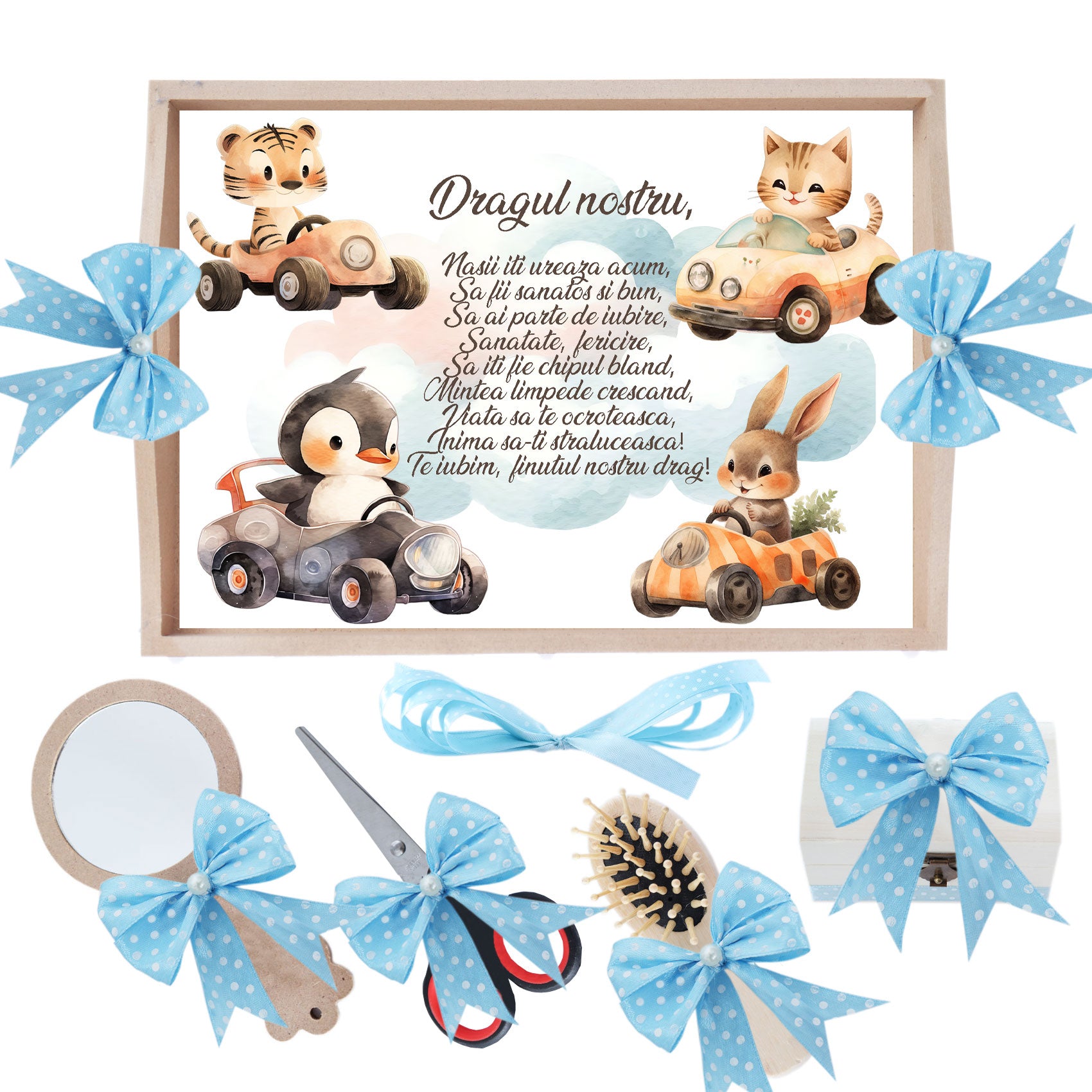 Set tava pentru taiere mot, model cu Animalute in masinute, bleu, 6 piese, 35x20 cm, Recostore®, REC1967/321