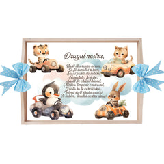 Set tava pentru taiere mot, model cu Animalute in masinute, bleu, 6 piese, 35x20 cm, Recostore®, REC1967/321