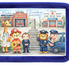 Tava mot baieti, aniversare 1 an, model Animalute cu meserii, catifea albastru, 10 piese, 34x25 cm, REC5011/48