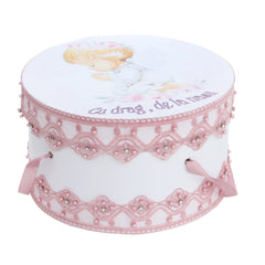 Cutie trusou pentru botez de fete, Model Ingeras, culoare roz pudrat, 8 piese, Recostore®, REC2521