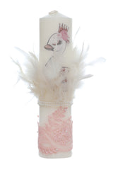 Trusou complet pentru botez de fete personalizat cu lebada, trusou brodat, lumanare, rochita cu bentita si pantofiori, roz pudrat, 12 piese, Recostore®, REC2700