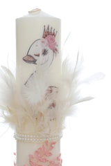 Trusou complet pentru botez de fete personalizat cu lebada, trusou, lumanare, rochita cu bentita si pantofiori, roz, 12 piese, Recostore®, REC2698