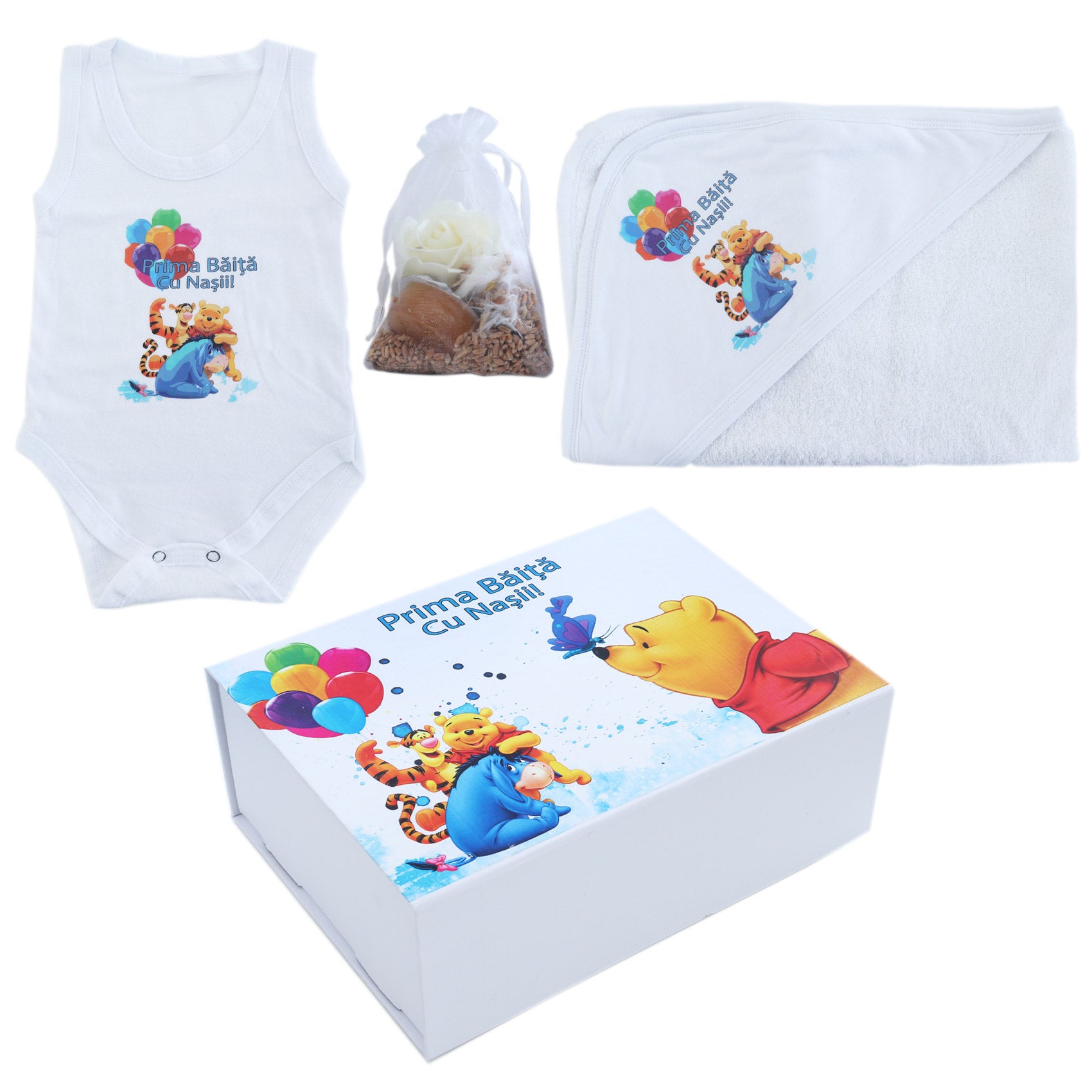 Set prima baita dupa botez cu nasii, body, prosop si saculet cu mirodenii, Winnie The Pooh, REC2559