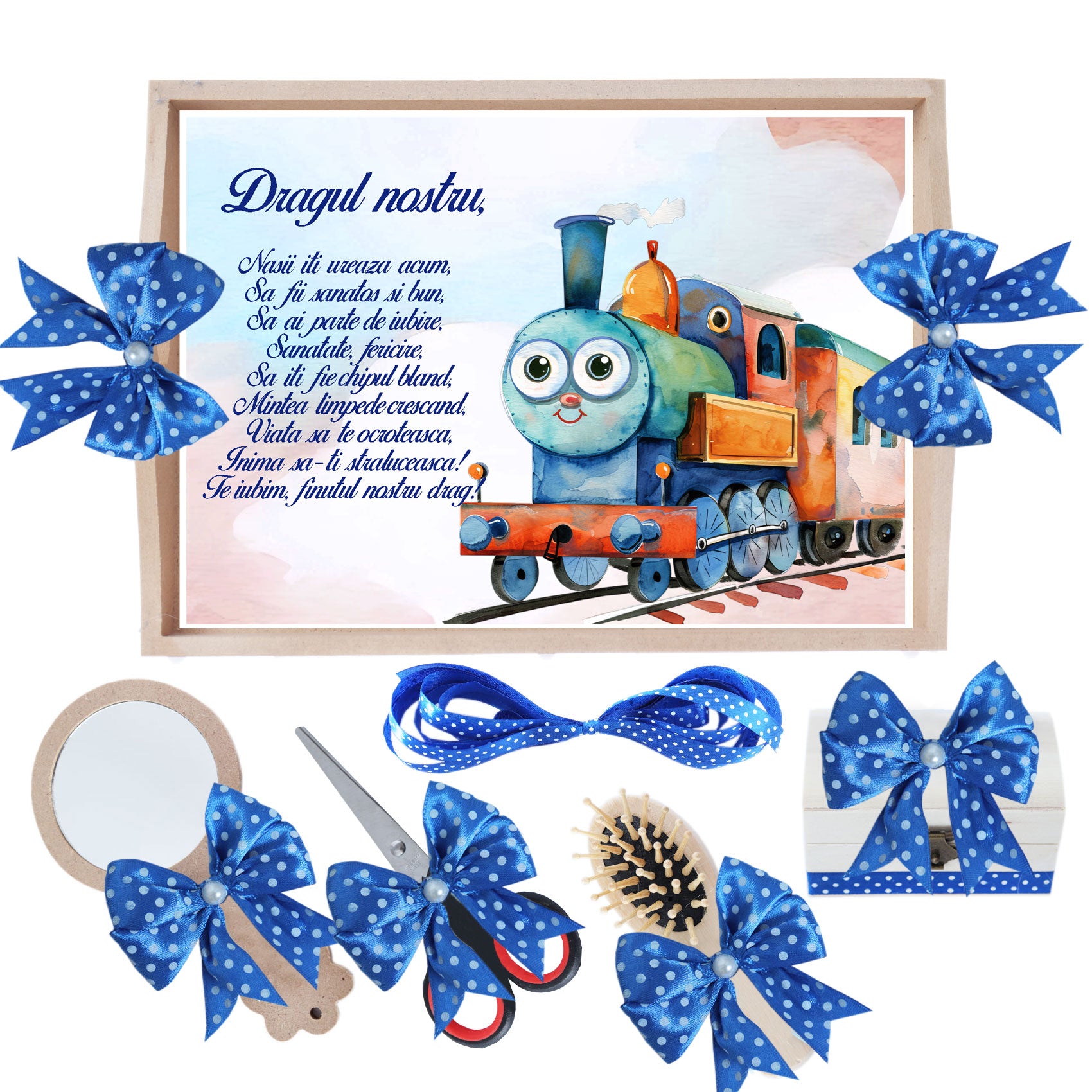 Set tava pentru taiere mot, model cu trenulet, albastru electric, 6 piese, 35x20 cm, Recostore®, REC1967/326