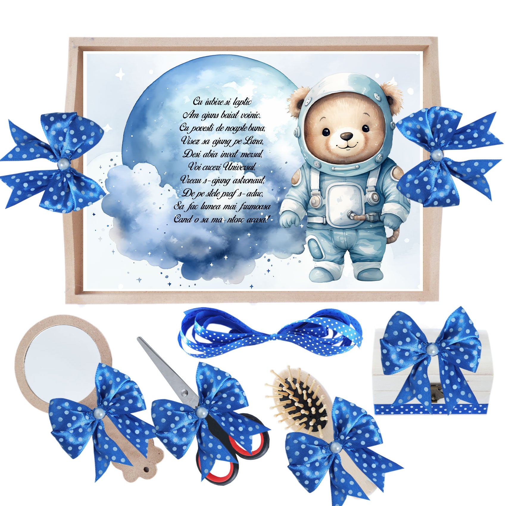 Set tava pentru taiere mot, model Ursuletul Astronaut, albastru electric, 6 piese, 35x20 cm, Recostore®, REC1967/327