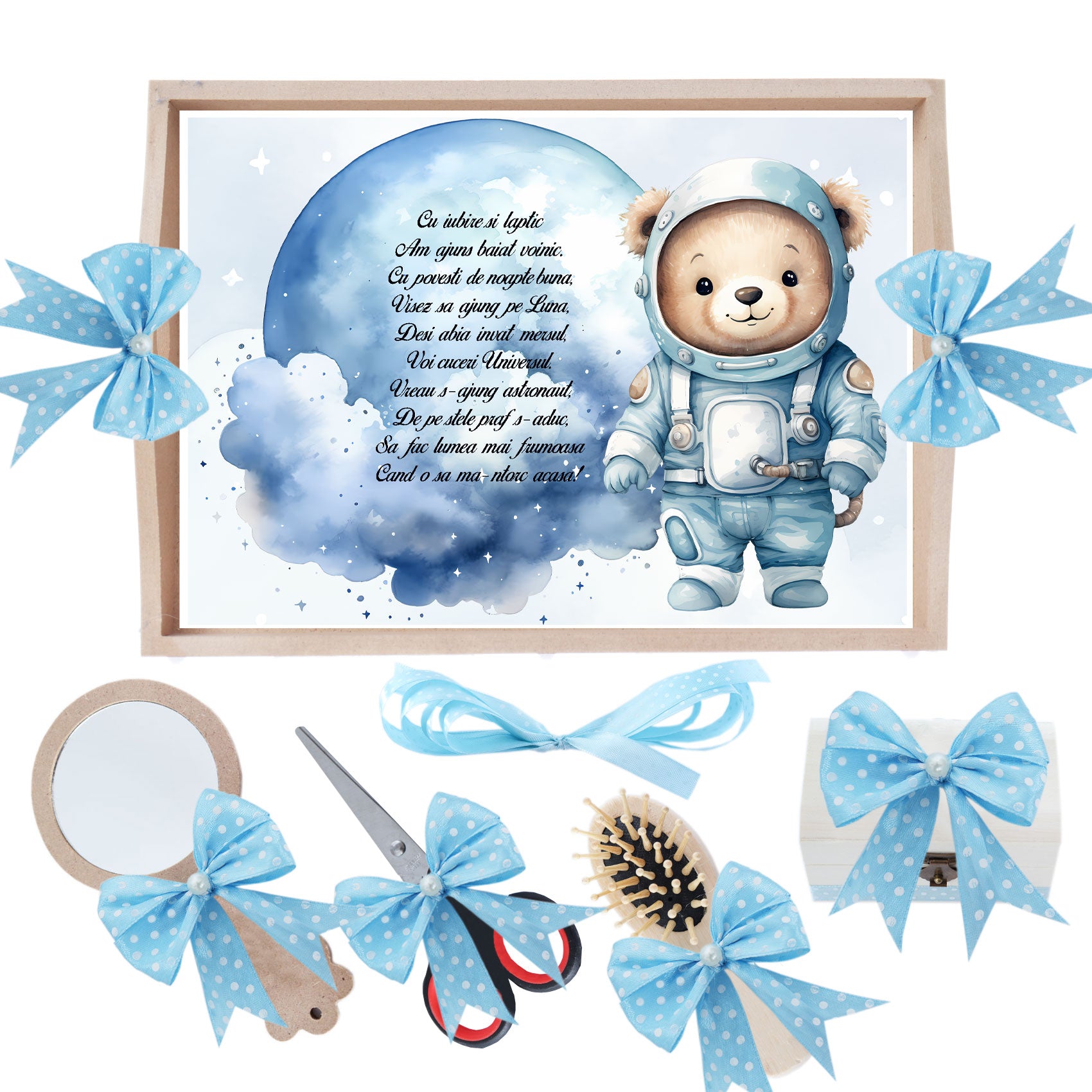 Set tava pentru taiere mot, model Ursuletul Astronaut, bleu, 6 piese, 35x20 cm, Recostore®, REC1967/328
