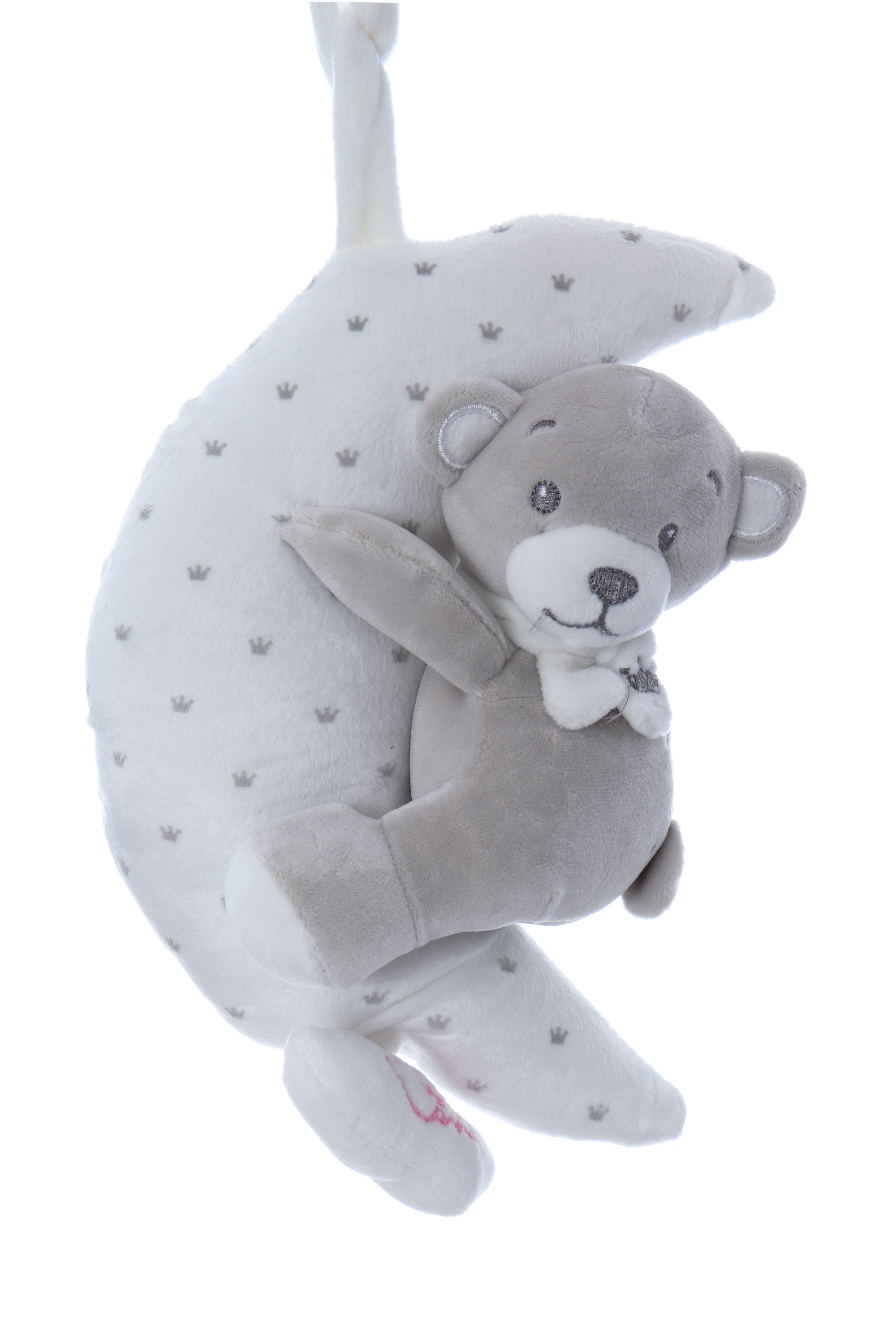 Jucarie pentru patut bebe, semiluna muzicala cu ursulet, dimensiune 25 cm, REC2977