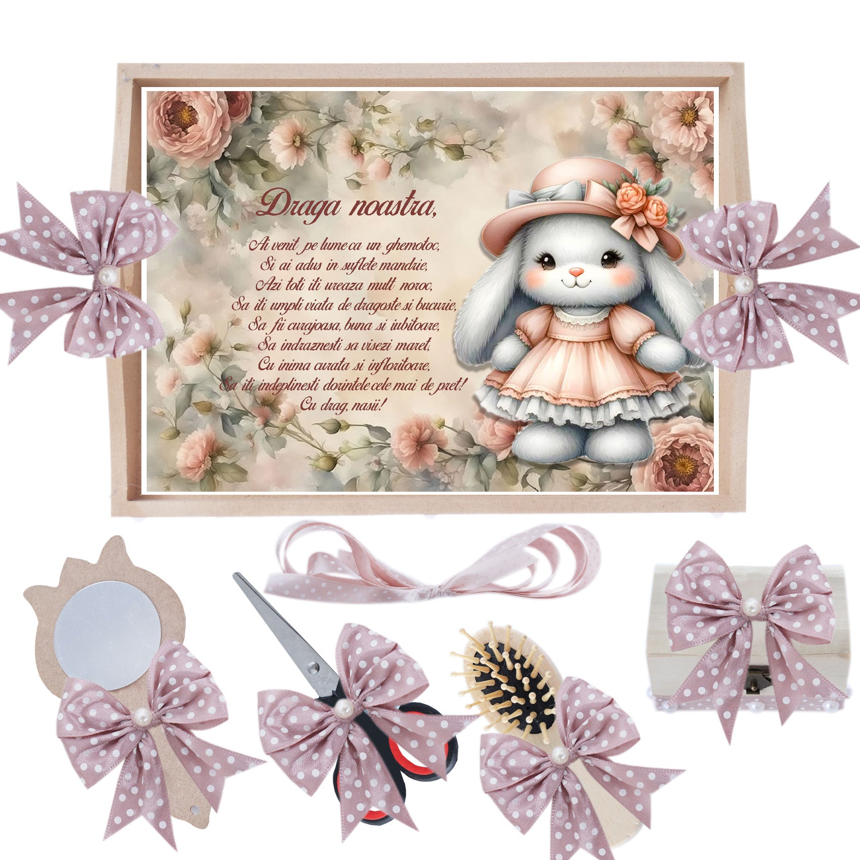 Set tavita pentru taiere mot/turta, model cu iepuras, roz pudrat, 6 piese, 35x20 cm, Recostore®, REC1967/333