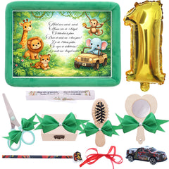 Tava mot baieti, aniversare 1 an, model Jungla, catifea verde, 10 piese, 34x25 cm, REC5011/50