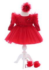 Trusou complet pentru botez de fete, trusou simplu, lumanare, rochita cu bentita si pantofiori, rosu, 12 piese, Recostore®, REC2687