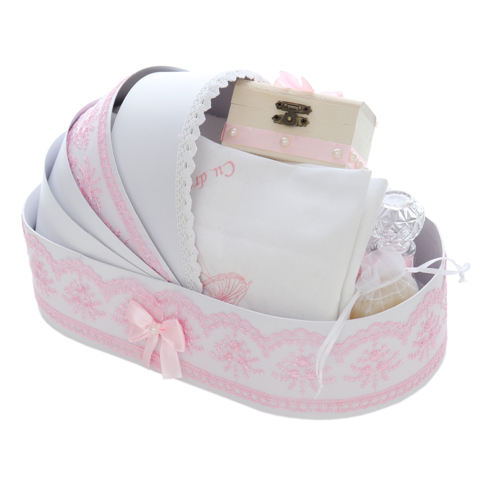 Trusou tip landou pentru botez de fete, Model brodat cu Balerina, roz, 8 piese, REC5005/12