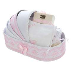 Trusou tip landou pentru botez de fete, Model brodat cu Balerina, roz, 8 piese, REC5005/12