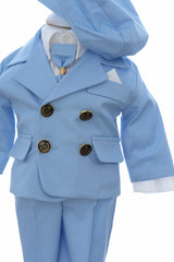 Costumas elegant cu inchidere in 4 nasturi pentru botez baietel, bleu, 5 piese, Recostore® REC3536
