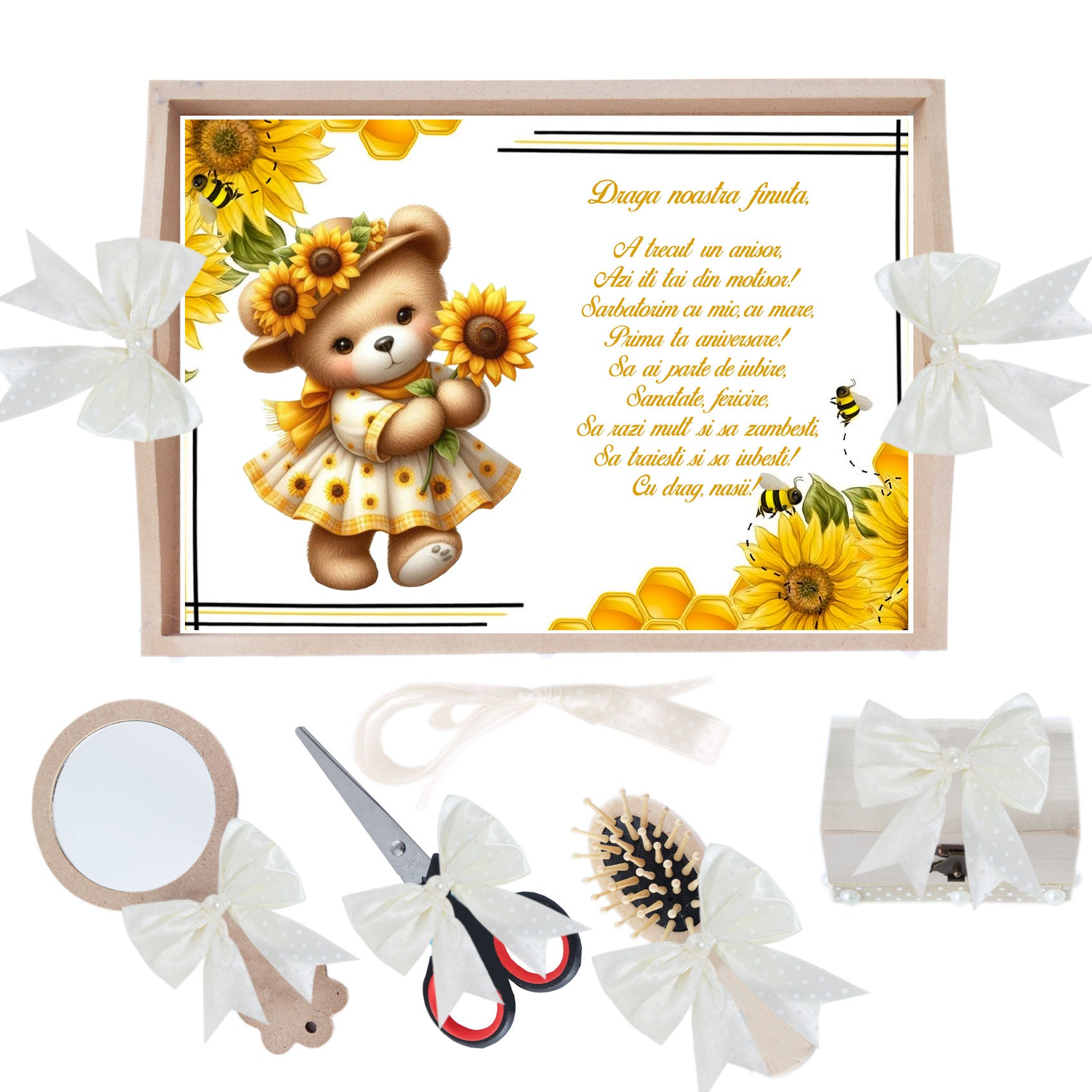 Set tavita pentru taiere mot/turta, model cu Ursulet, ivoire, 6 piese, 35x20 cm, Recostore®, REC1967/339