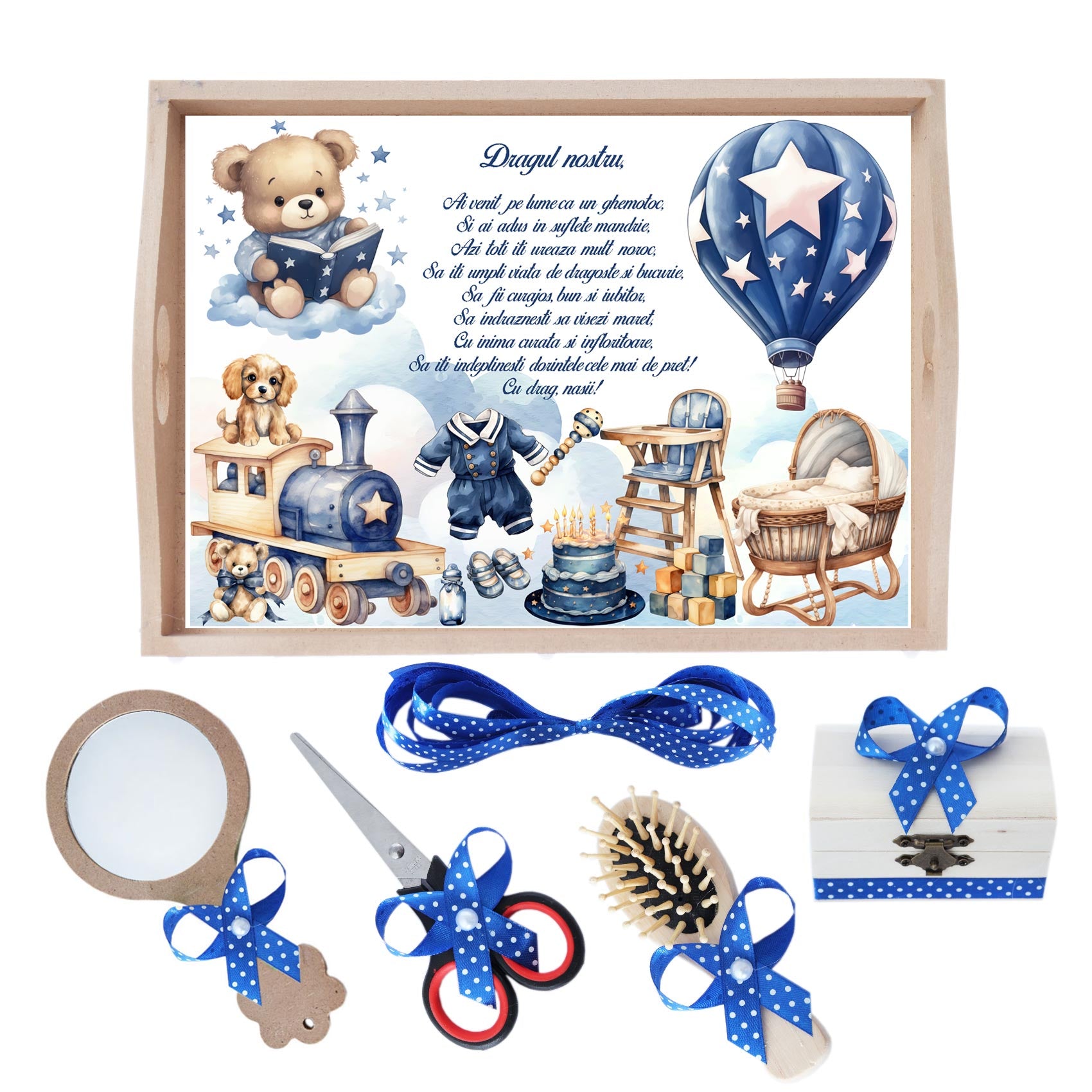 Set tavita pentru taiere mot, model Ursulet cu balon, Albastru electric, 6 piese, 35x20 cm, Recostore®, REC1967/341