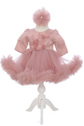 Rochie roz pudrat cu aplicatii decorative pe bust, pentru botez, 2 piese, rochie si bentita, RE3058