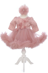 Rochie roz pudrat cu aplicatii decorative pe bust, pentru botez, 2 piese, rochie si bentita, RE3058