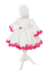 Rochita alba cu maneci tip clopot si dantela ciclame pentru botez de fete, 2 piese, Recostore®, REC2523