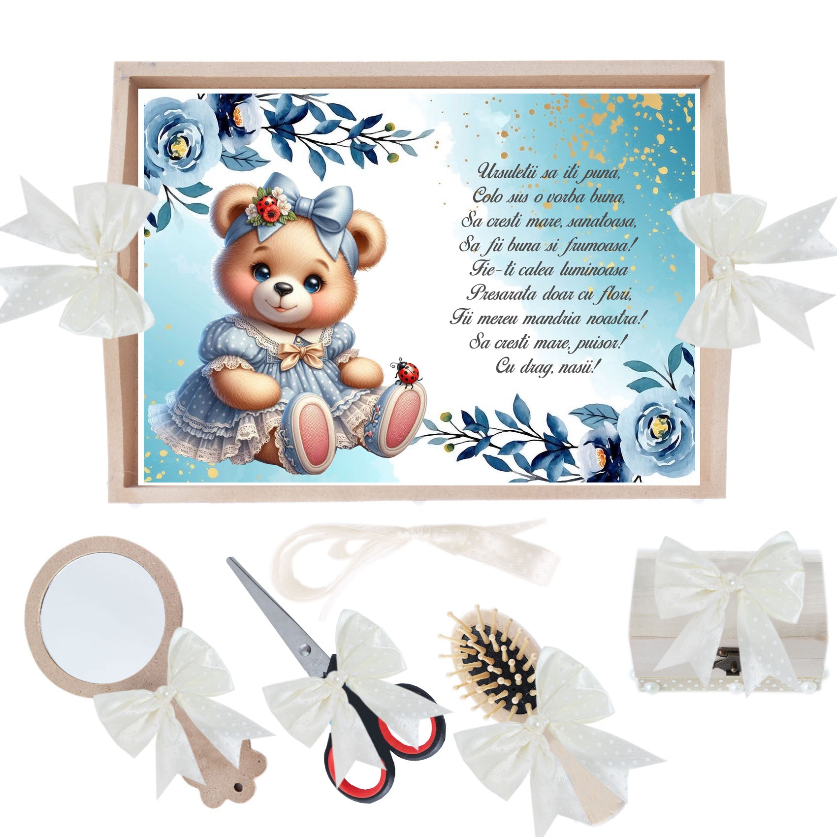 Set tavita pentru taiere mot/turta, model cu Ursulet, ivoire, 6 piese, 35x20 cm, Recostore®, REC1967/342